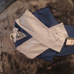 VAN HEUSEN SUIT. SIZE 7 BRAND NEW ITEMS.  NAVY BLUE SUIT. PLAID SHIRT AND TIE.